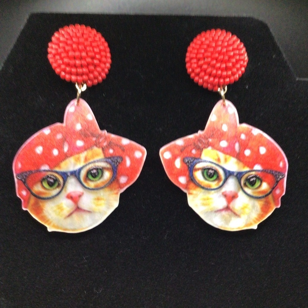 Red Cat Earrings with Glasses